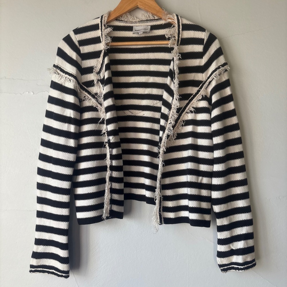 Bimba Y Lola Striped Knit Cardigan Jacket Black White Frayed Fringe Trim Medium - Picture 3 of 6